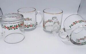 Set Of 4 Vtg Libbey Arby's Glass Coffee Cocoa Mugs Christmas Holly Red Ribbon